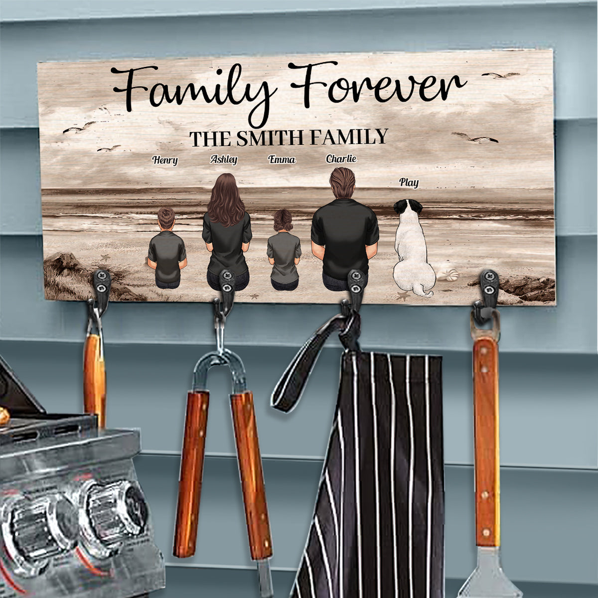 Family Forever Beach Landscape Vintage Version - Personalized Family Key Rack