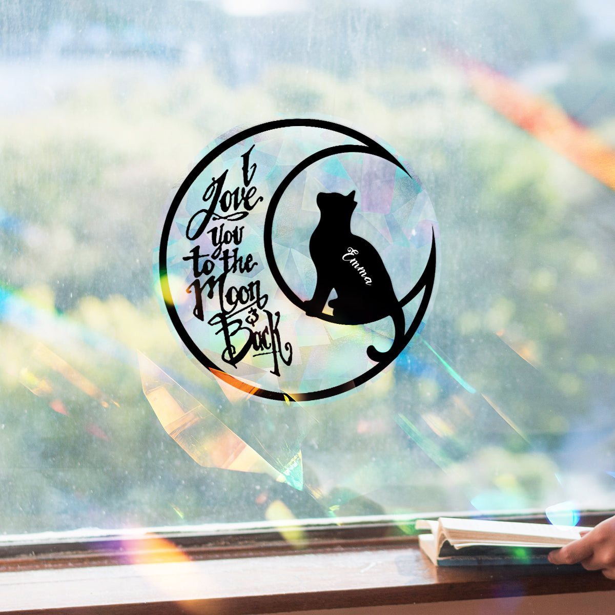 Ich liebe dich bis zum Mond und zurück – Personalisierter Katzen-Sonnenfänger-Aufkleber