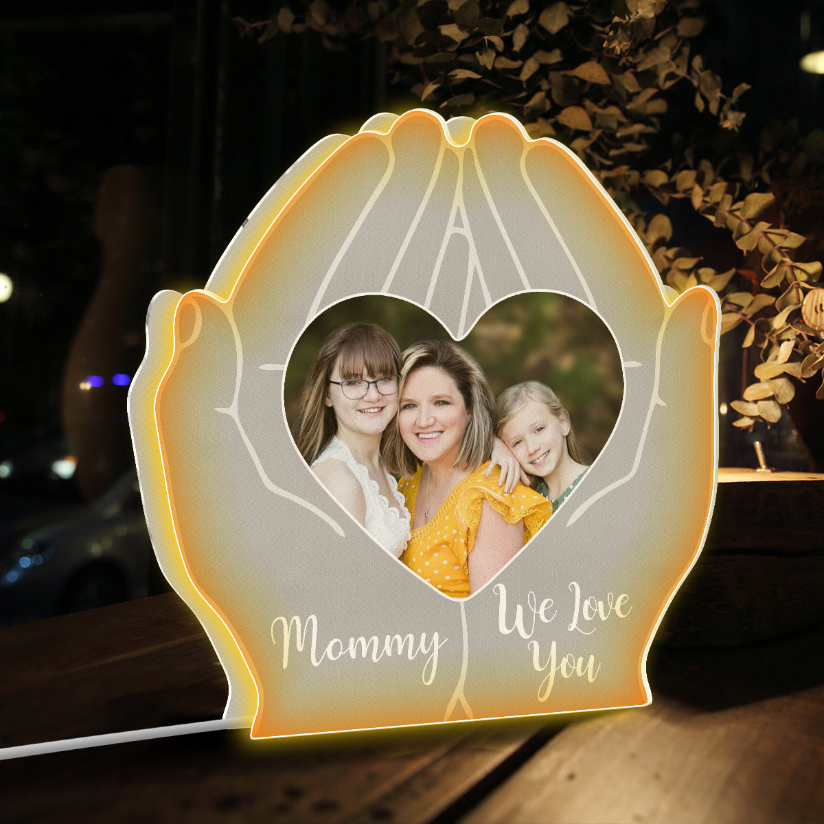 Mom We Love You Hand Holding Heart - Personalized Mother Shaped Light Box