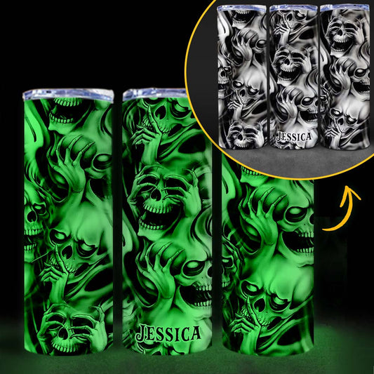 Hear No Evil Speak No Evil See No Evil - Personalized Skull Glow Skinny Tumbler
