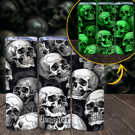 Skull And Fire - Personalized Skull Glow Skinny Tumbler
