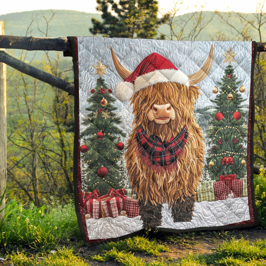 Wunderschöne Weihnachtsdecke mit Hochlandkuh – personalisierte Steppdecke