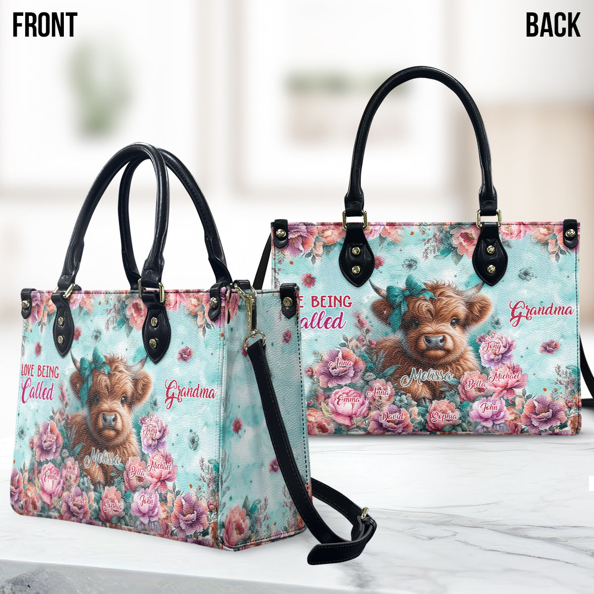 Love Being Called Grandma Highland Cow - Personalized Leather Handbag