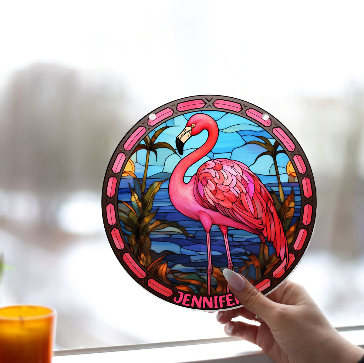 J'adore les flamants roses - Ornement attrape-soleil personnalisé à suspendre à la fenêtre, motif flamant rose 