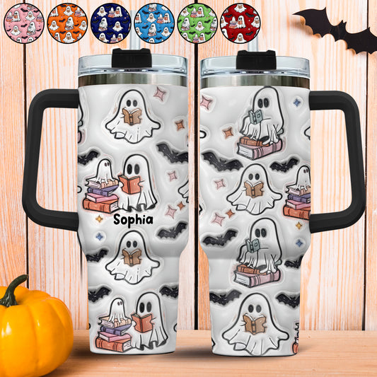 Cute Ghost Reading Booooks - Personalized Book Tumbler With Handle