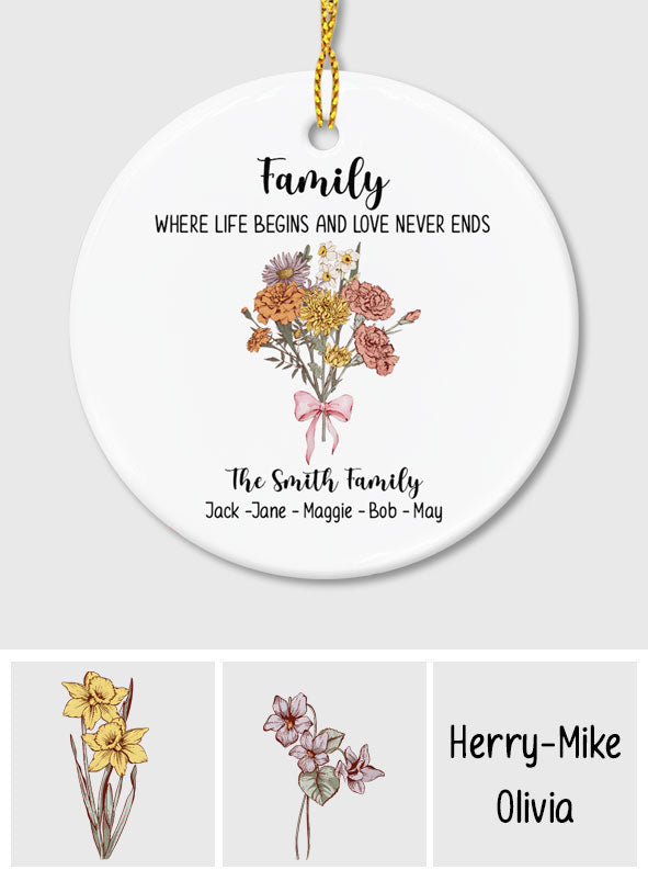 Family Where Life Begins and Love Never Ends - Personalized Family Ceramic Circle Ornament