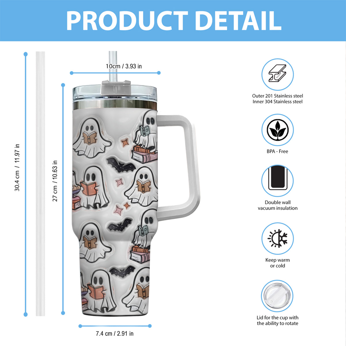 Cute Ghost Reading Booooks - Personalized Book Tumbler With Handle