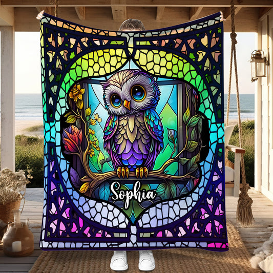 Cute Owl Stained Glass - Personalized Owl Blanket
