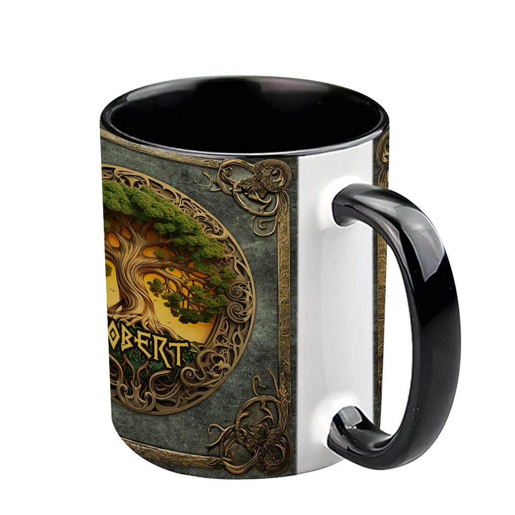 Lebensbaum-Motiv, skandinavische Mythologie, rustikaler Stil – personalisierte Tasse mit irischem Akzent