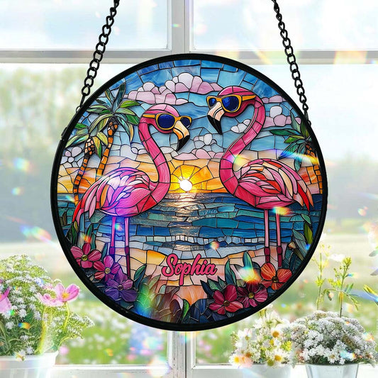 Beautiful Flamigoes - Personalized Flamingo Stained Glass Suncatcher
