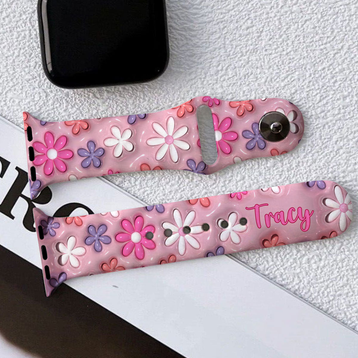 Bracelet Apple Watch rose fleuri et bouffant - Bracelet Apple Watch personnalisé