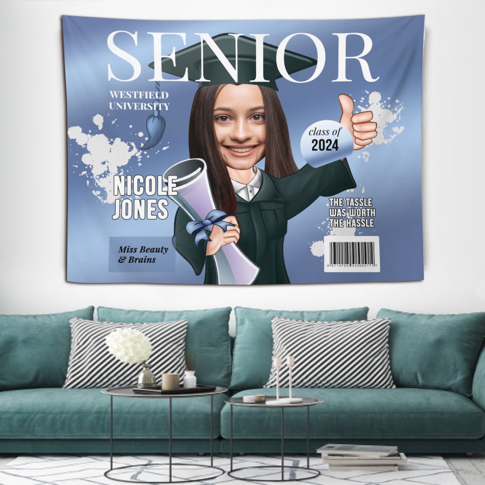 Senior Magazine Cover Caricature - Personalized Graduation Wall Tapestry
