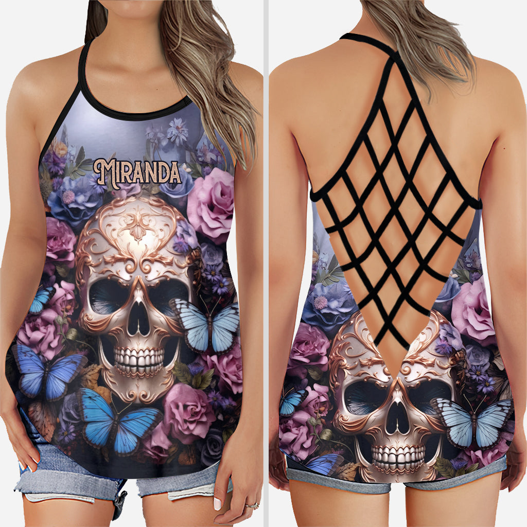 Beauty Of The Dark Skull Roses Butterflies - Personalized Skull Cross Tank Top