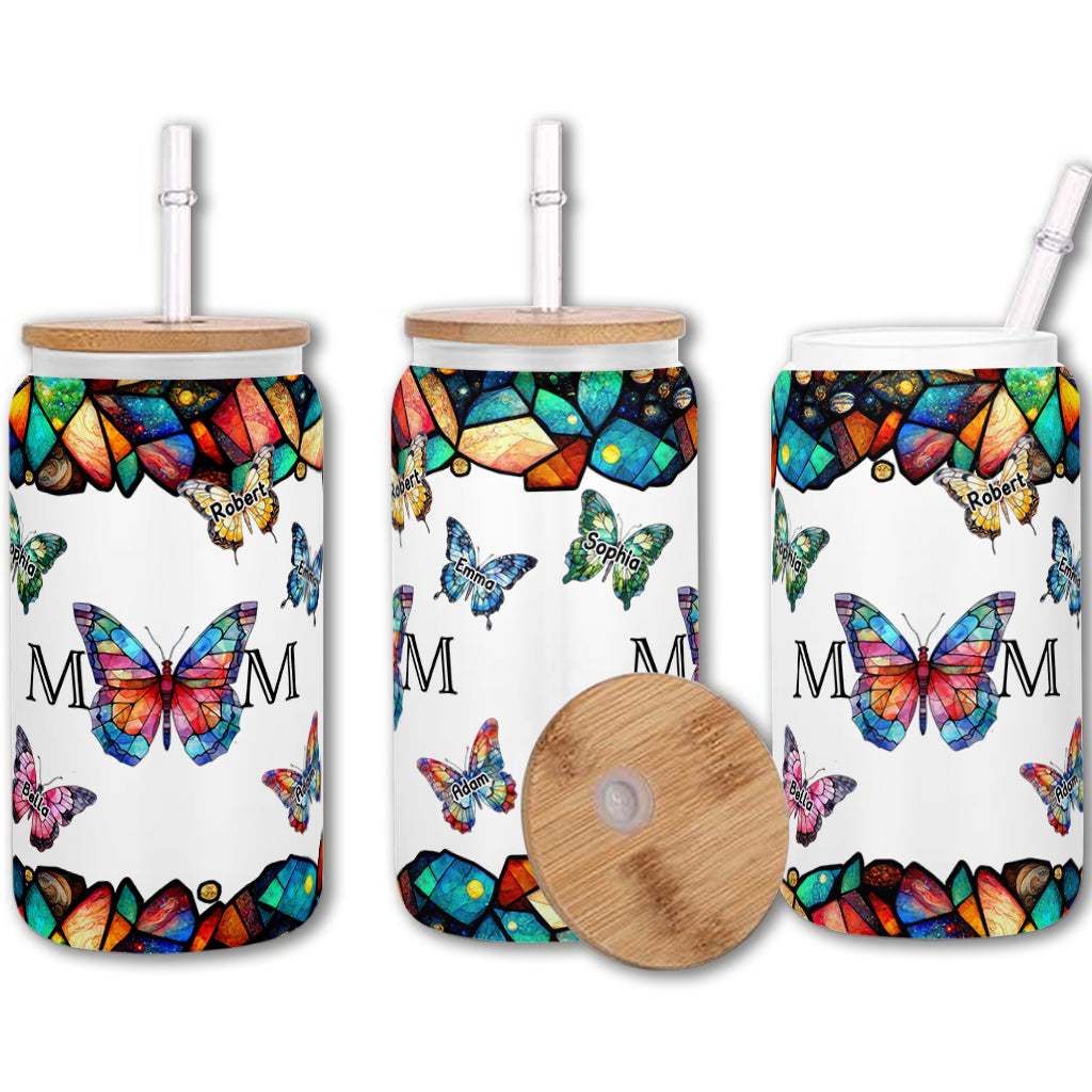 Mom Butterfly Colorful Stained Glass - Personalized Mother Can Glass