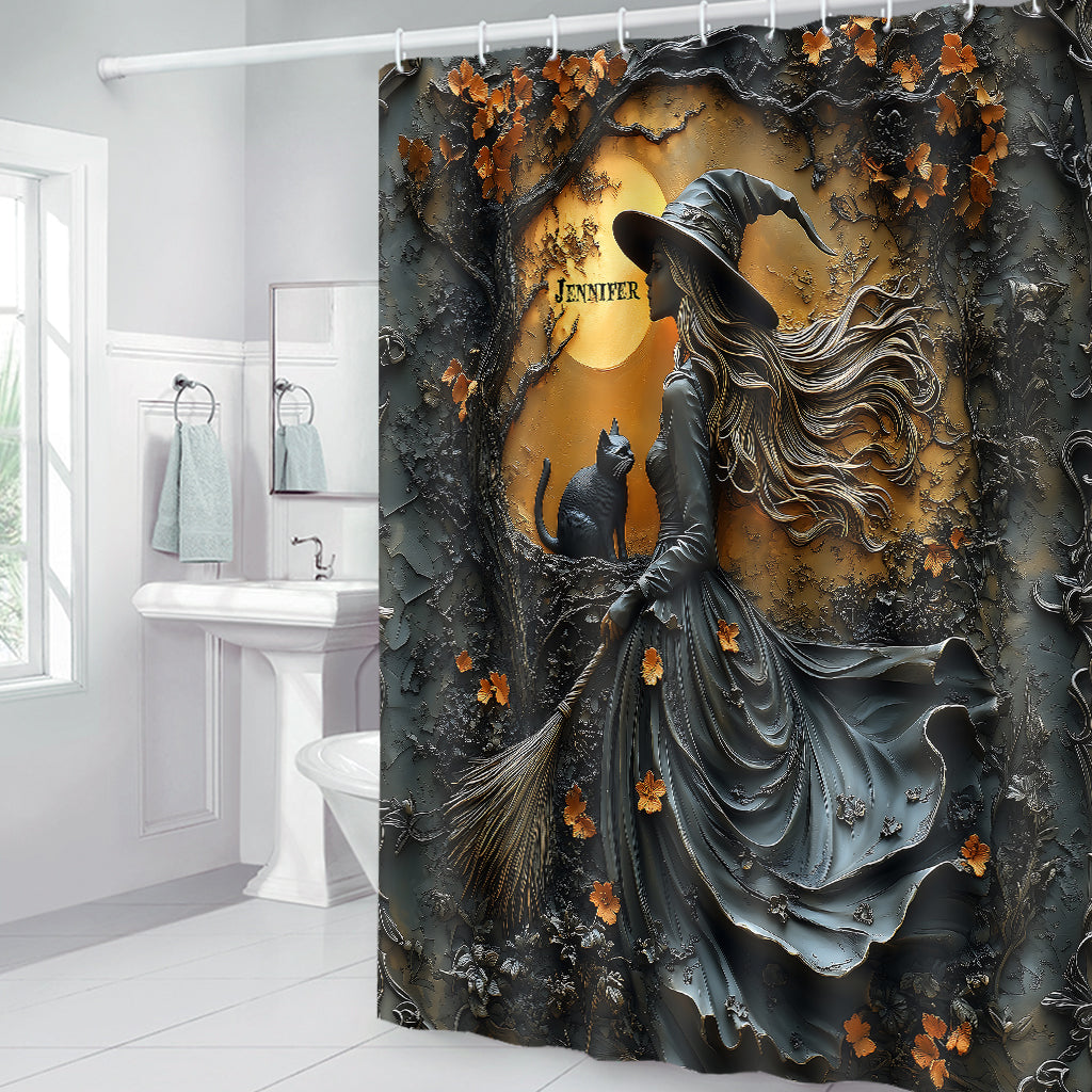Beautiful Witch & Her Black Cat - Personalized Witch Bathroom Curtain & Mats Set