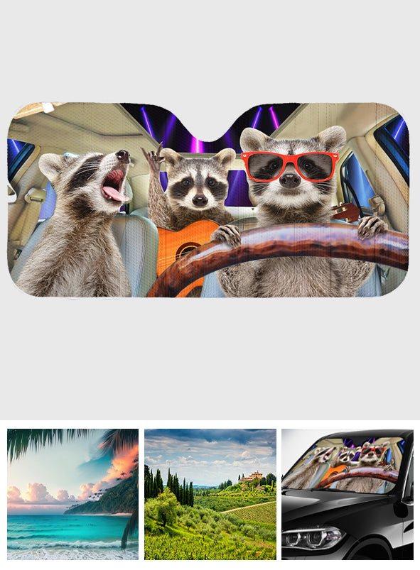 Pare-soleil de voiture personnalisé avec trois ratons laveurs rigolos