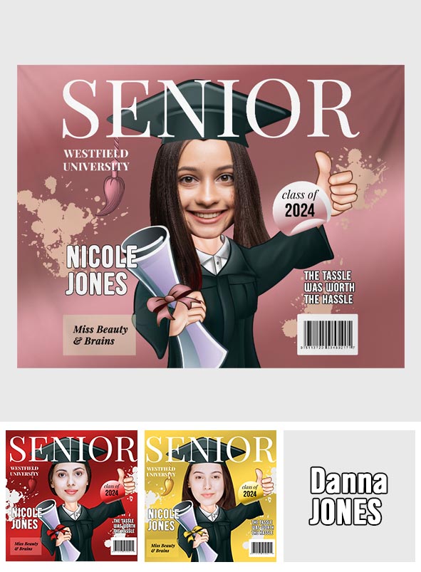 Senior Magazine Cover Caricature - Personalized Graduation Wall Tapestry