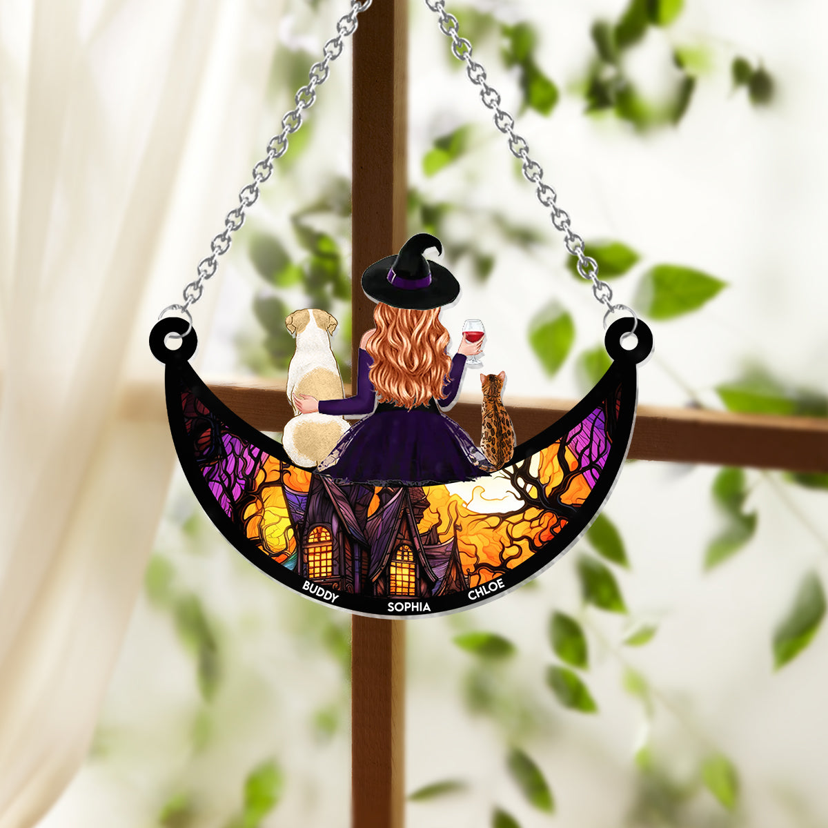 Wicked Witch And Little Monster - Personalized Dog Window Hanging Suncatcher Ornament