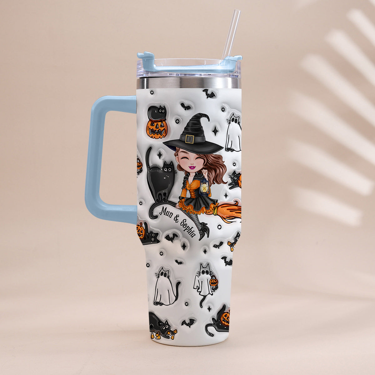 Cute Witch Halloween Ghost Boo Cat - Personalized Witch Tumbler With Handle