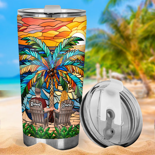 Under The Palm Tree Happy Couple - Personalized Couple Tumbler