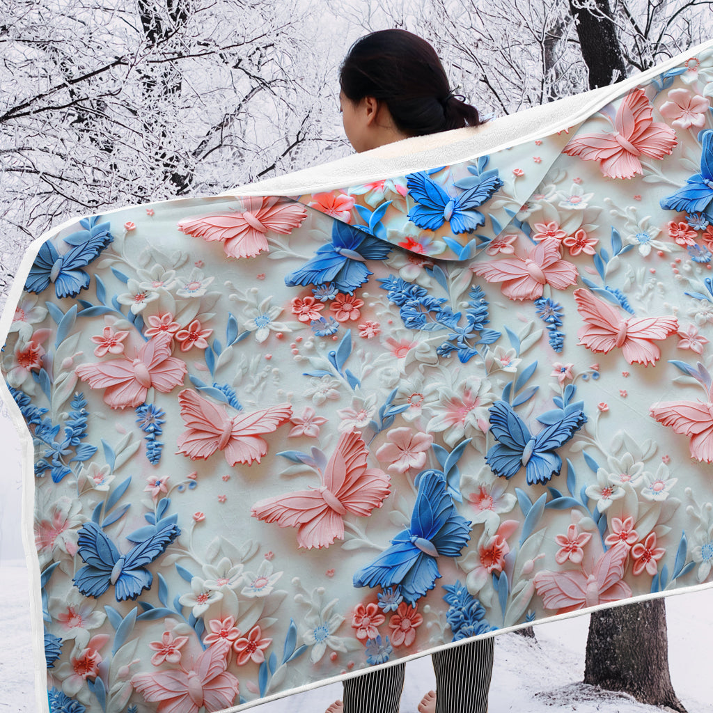 Pink And Blue Butterflies - Personalized Butterfly Hooded Blanket