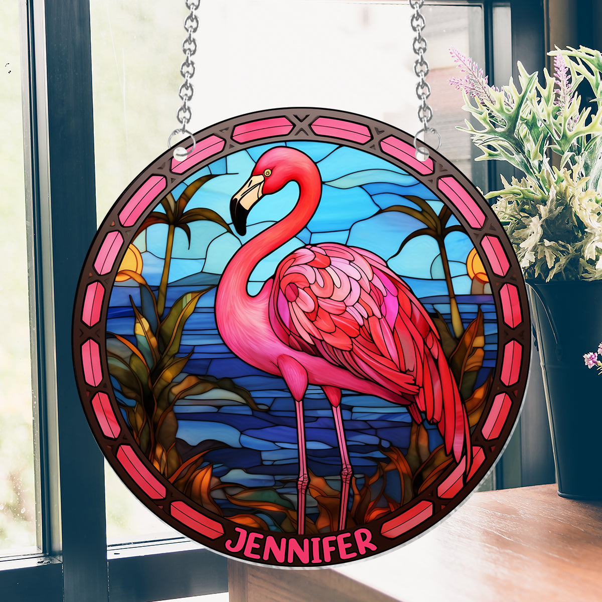J'adore les flamants roses - Ornement attrape-soleil personnalisé à suspendre à la fenêtre, motif flamant rose 