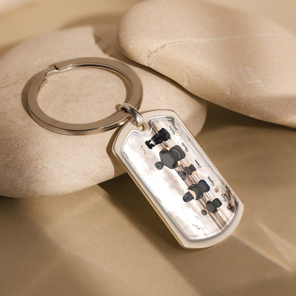 Family Sitting Back View Retro Vintage Beach Landscape - Personalized Family Epoxy Metal Keychain