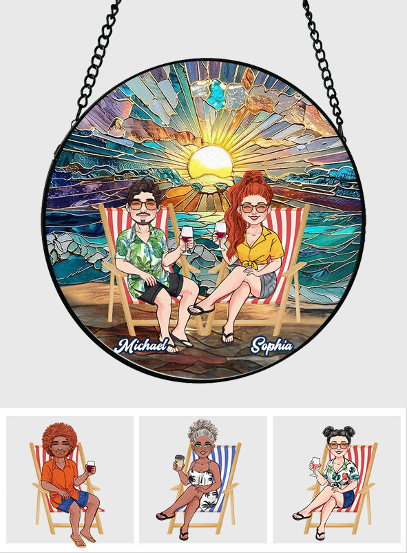 Happy Couple Enjoying Romantic Beach - Personalized Couple Stained Glass Suncatcher