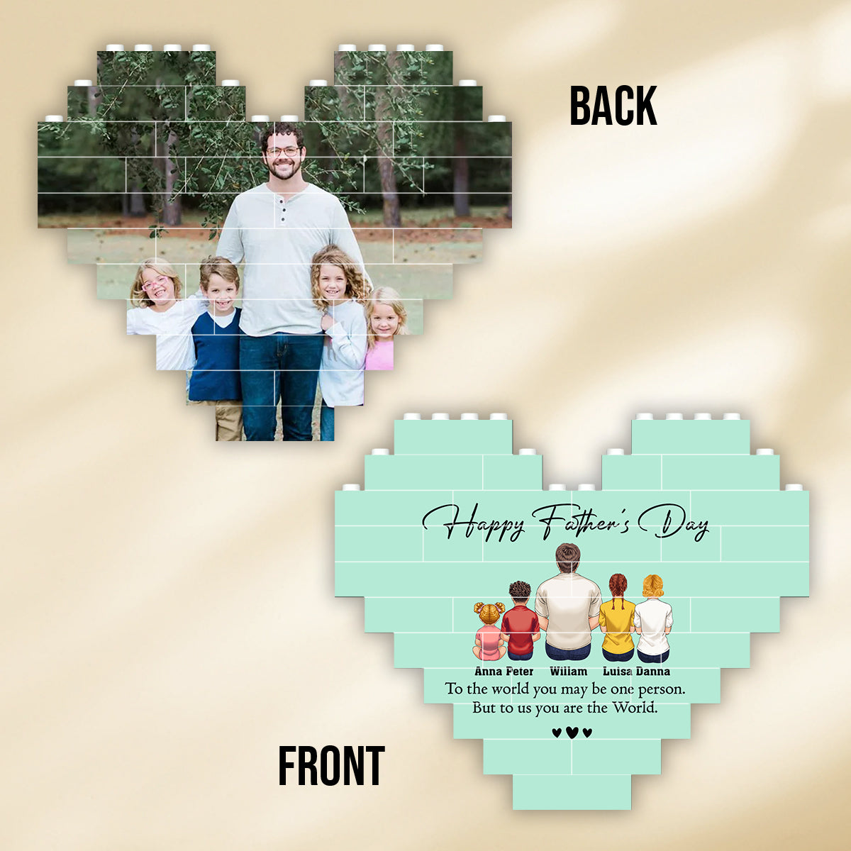 Happy Father's Day Best Dad Ever Back View Man Kids - Personalized Father Heart Building Brick Blocks Printed On Both Sides