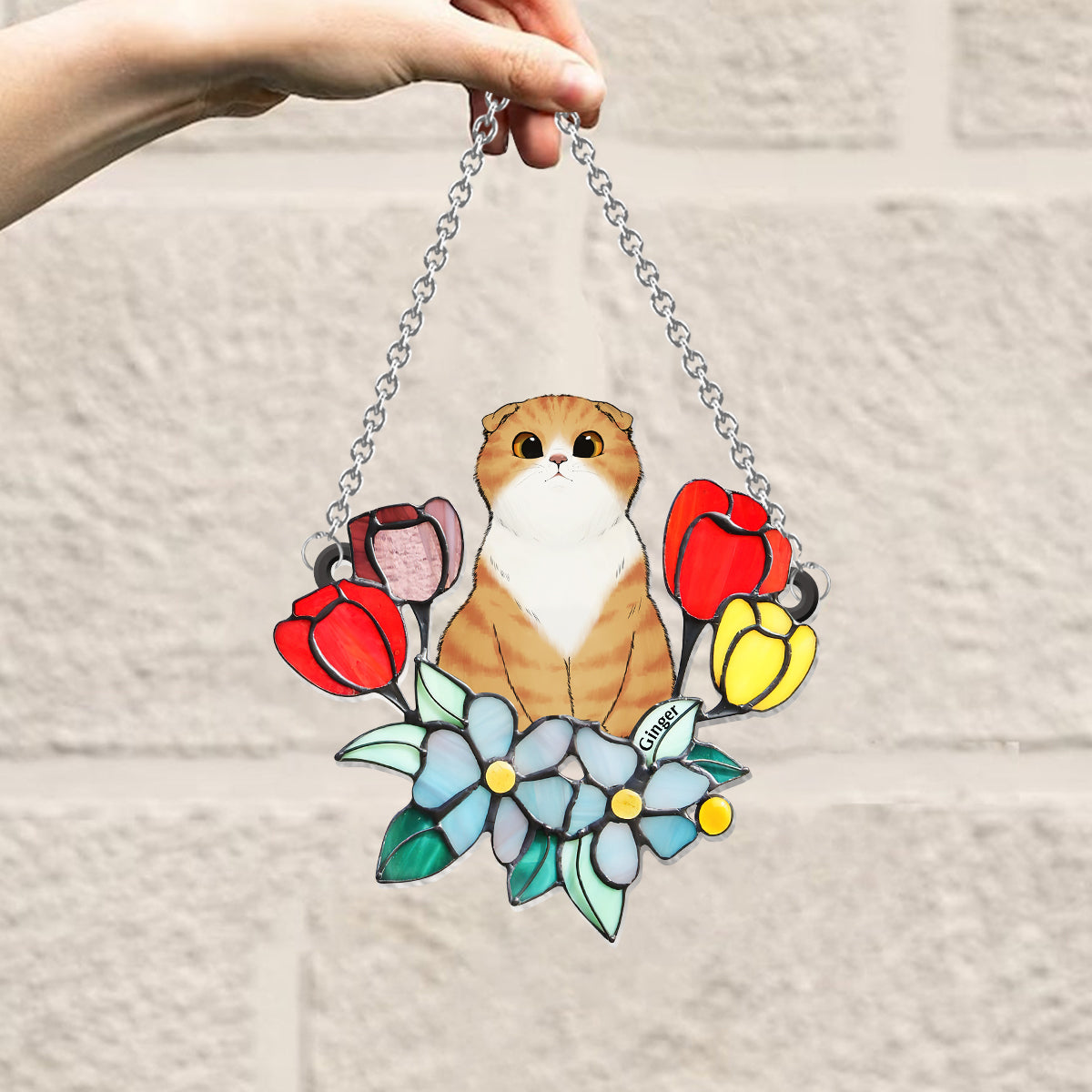 Cat Among Flowers - Personalized Cat Window Hanging Suncatcher Ornament