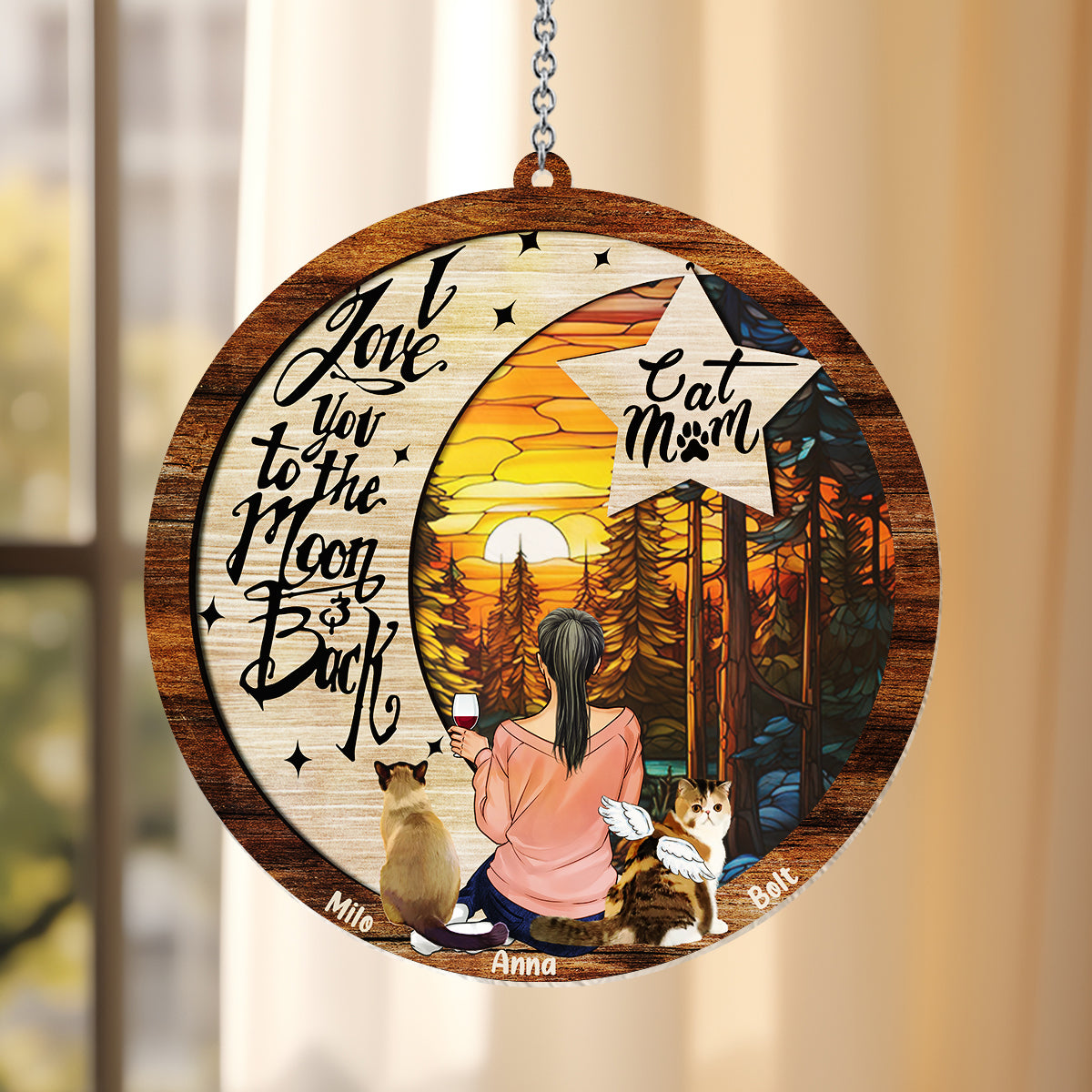 Je t'aime jusqu'à la lune et retour - Cadeau pour les amoureux des chiens et des chats, ou pour ceux qui ont perdu leur animal - Attrape-soleil personnalisé à suspendre à la fenêtre 