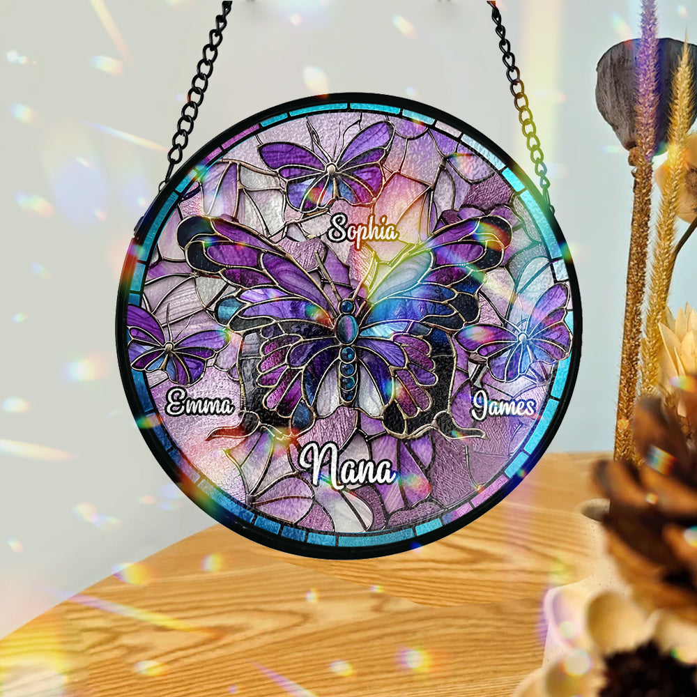 Nana Beautiful Butterfly Any Title - Personalized Grandma Stained Glass Suncatcher