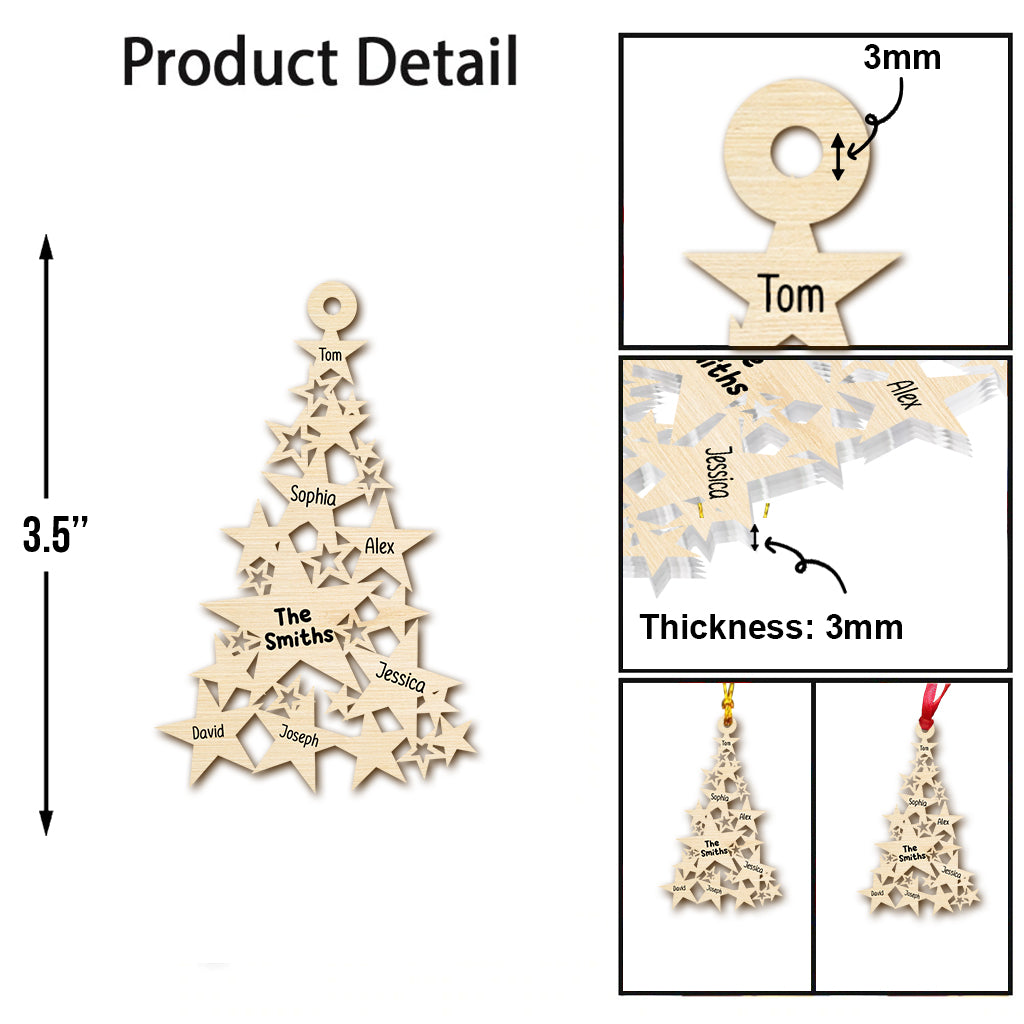 Weihnachtsbaum mit Sternenmotiv und individuellen Familiennamen – Personalisierter Familienschmuck