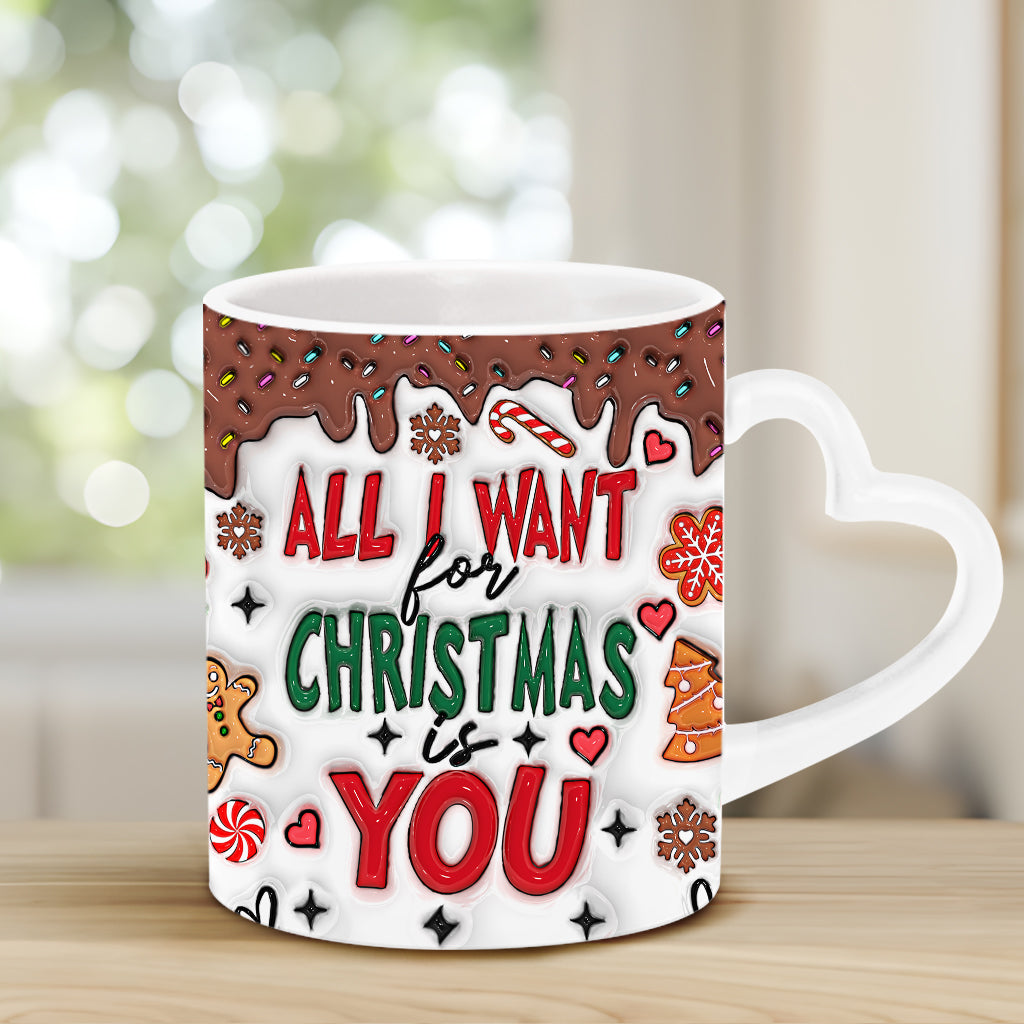 All I Want For Christmas Is You - Personalized Couple Heart Handle Mug