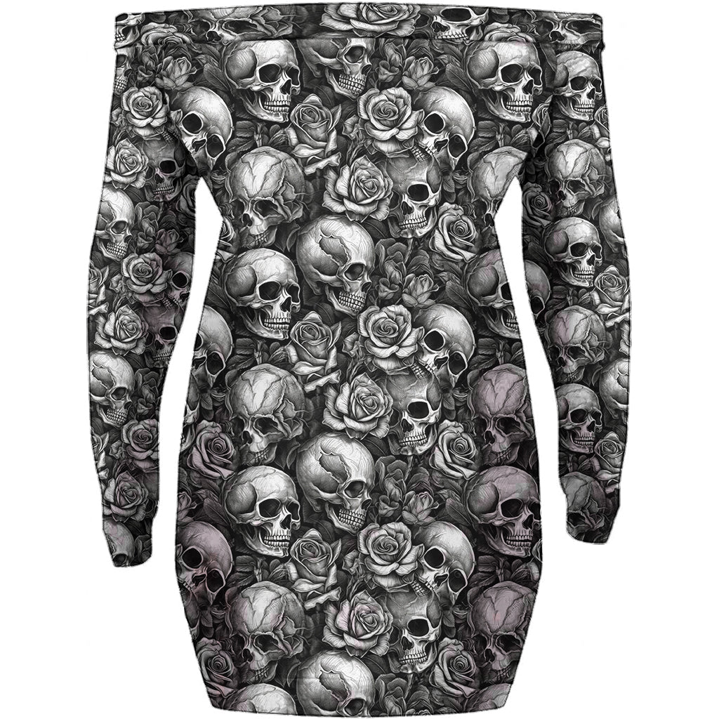 Skull Roses Black And White - Personalized Skull Off Shoulder Long Sleeve Dress