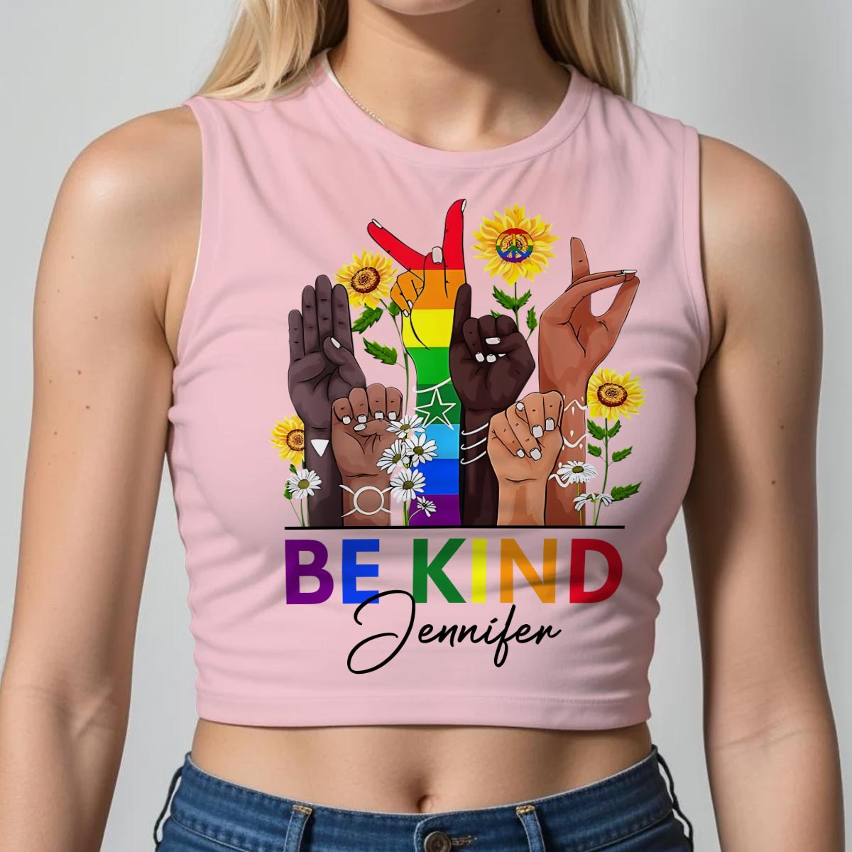 Be Kind Sign Language Rainbow Peace Sign - Personalized LGBT Support Crop Tank Top
