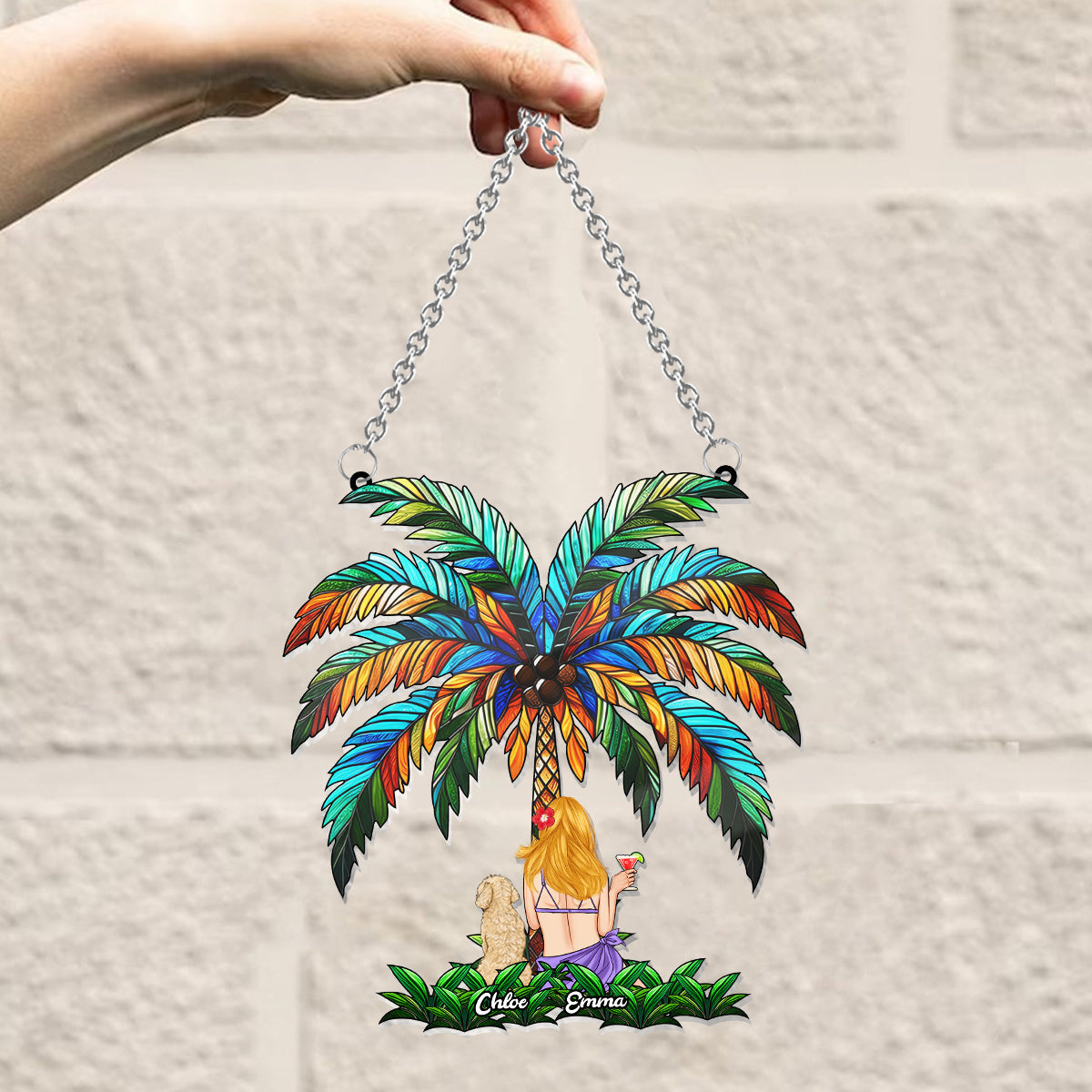 You & Me Under The Palm Tree - Personalized Dog Window Hanging Suncatcher Ornament