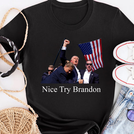 „Netter Versuch, Brandon“-Shirt, „Niemals aufgeben“-Shirt, „Kämpfe für Amerika“-T-Shirt, „Kundgebung 2024“-Shirt, „Kämpfen, kämpfen, kämpfen“-Shirt (T-Shirt & Hoodie)