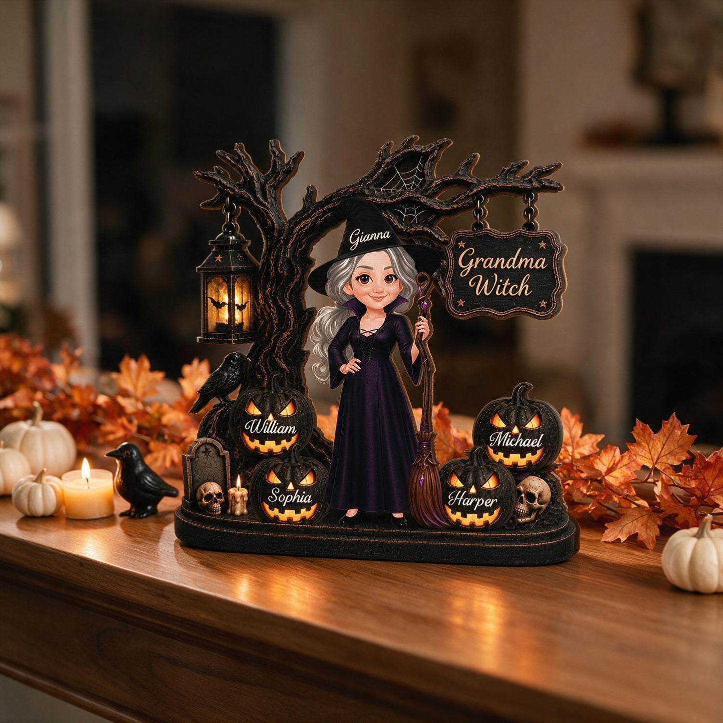 Personalized Grandma Witch Halloween Wooden Plaque With Grandkids Jack-O'-Lanterns - Custom Spooky Gift For Grandma