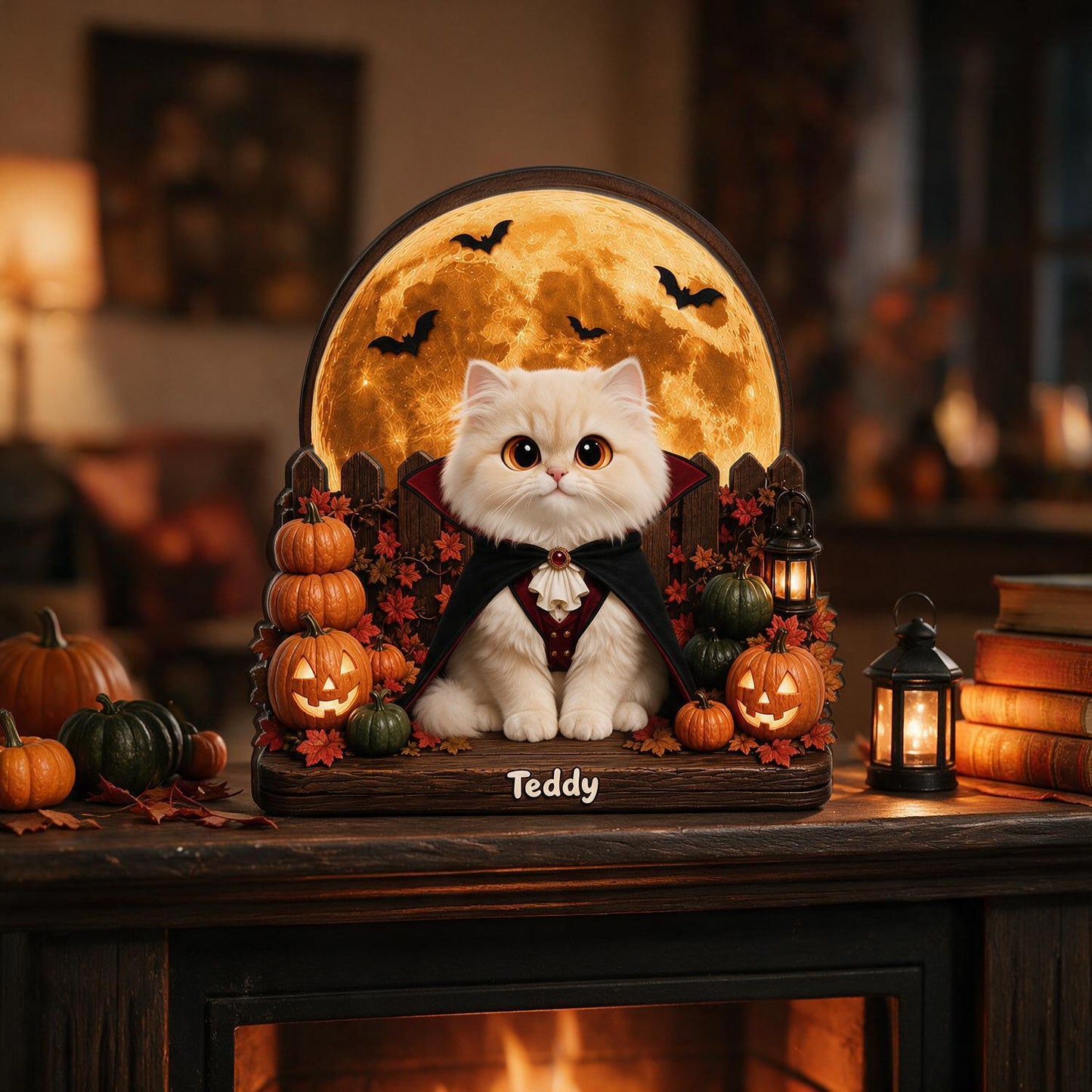 Plaque en Bois Personnalisée à 2 Couches pour Halloween - Chat Vampire Effrayant avec Citrouilles, Cadeau Personnalisé pour Amateurs de Chats