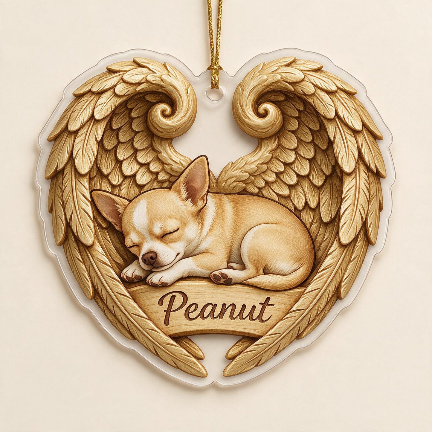 Sleeping Chihuahua Golden Angel Wings Heart Acrylic Ornament - Personalized Pet Memorial Sympathy Gift for Dog Lovers