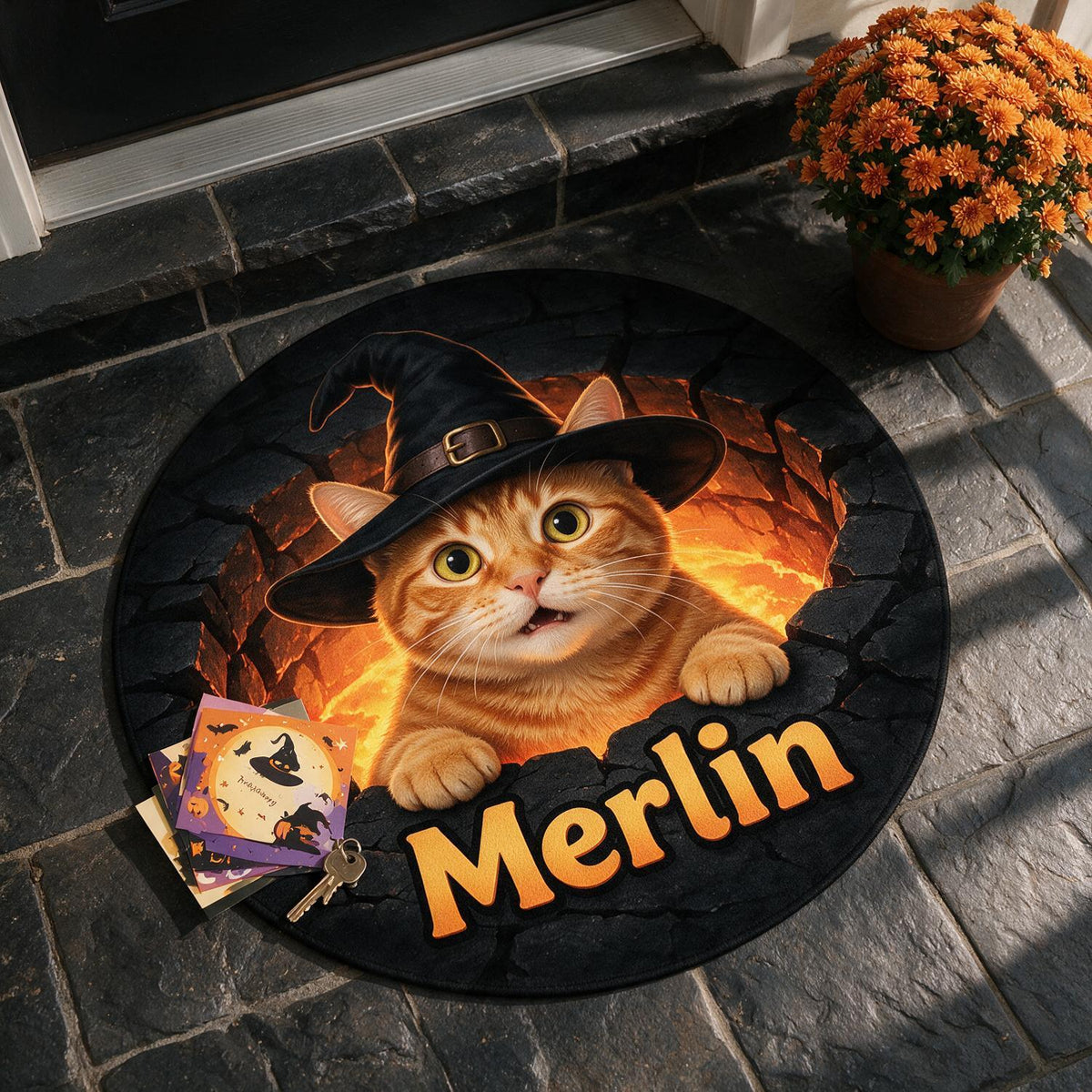 Personalisierte Halloween Orange Tabby Katze Hexenhut Runde Fußmatte | Geschenk für Katzenmütter