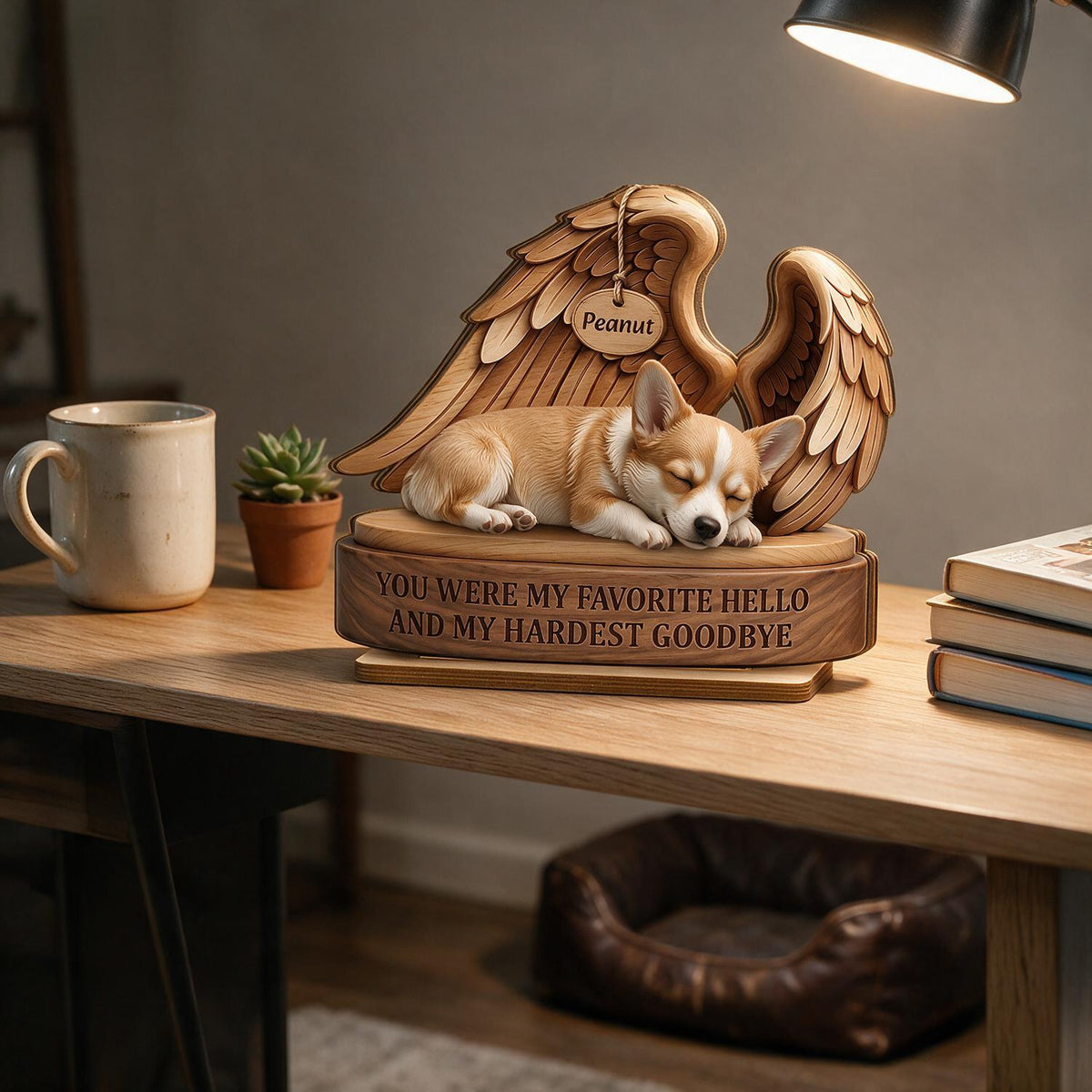 Personalized Corgi Angel Wings Pet Memorial 2-Layer Wooden Plaque - Favorite Hello Hardest Goodbye Sympathy Gift for Dog Loss