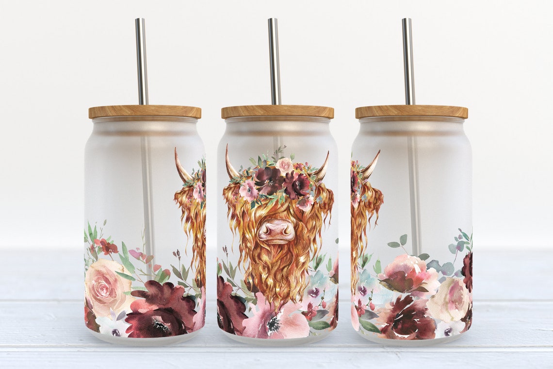Vache des Highlands à motif floral, canette en verre 0624