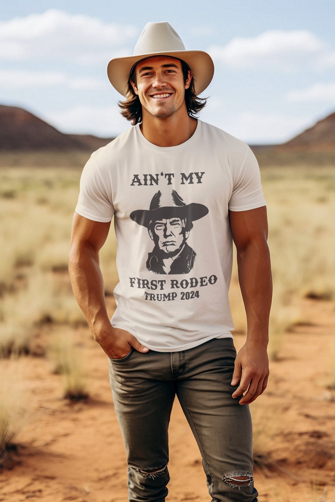 T-shirt Trump, T-shirt Élection 2024, T-shirt Trump « Ce n'est pas mon premier rodéo », Donald Trump style western, T-shirt Trump cowboy, T-shirt et sweat à capuche MAGA