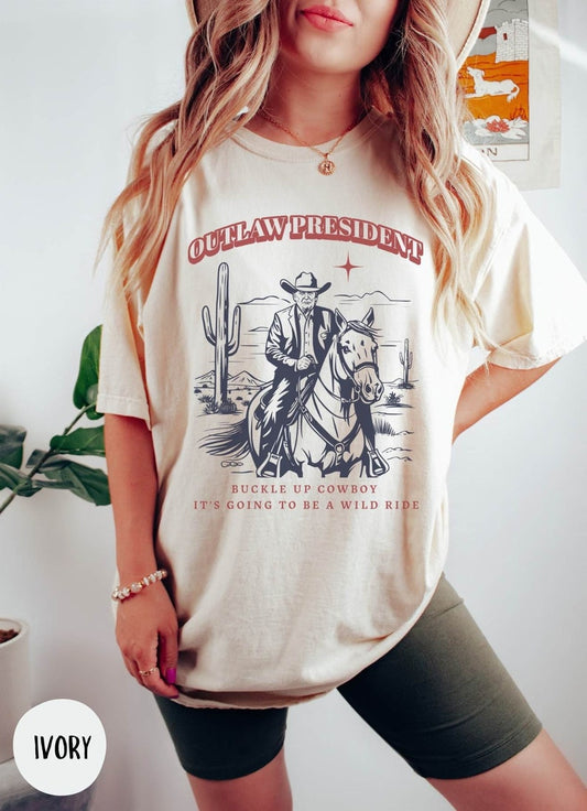 The Outlaw President Trump T-shirt, Western Donald Trump Cowboy Shirt, Trump Convicted Not-Guilty, Funny 2024 Election T-shirt & Hoodie