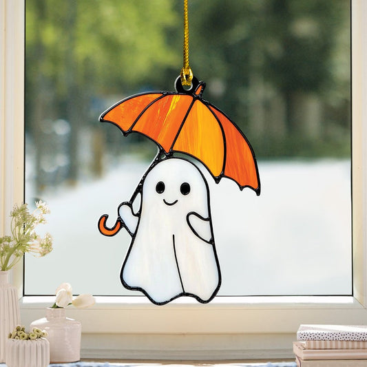 Niedlicher Geist mit Regenschirm Halloween-Fensterhänger Halloween-Fensterhänger-Sonnenfänger-Ornament 0924 
