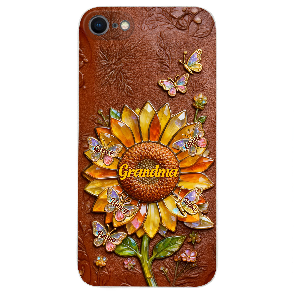 Grandma Sunflower - Personalized Grandma 3D Embossed Leather Phone Case