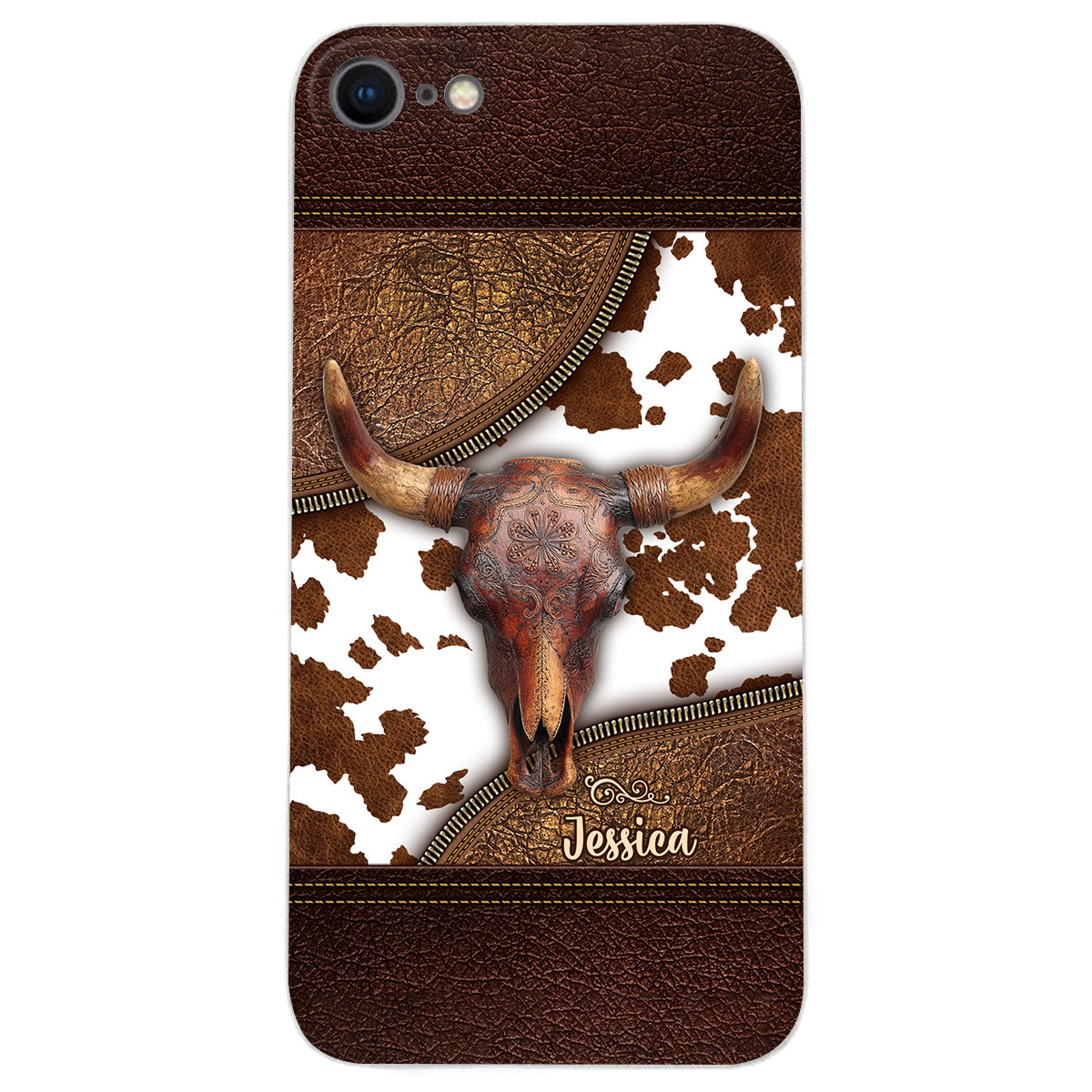 Skeleton Bull Skull - Personalized Western Leather Phone Case