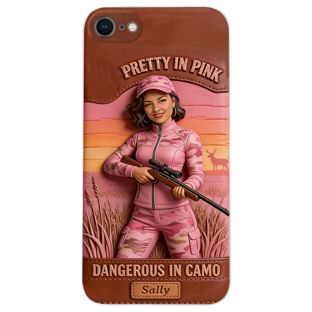 Étui de téléphone en cuir personnalisé avec n'importe quelle photo de chasse dangereuse en camouflage - Étui de téléphone de chasse en cuir personnalisé